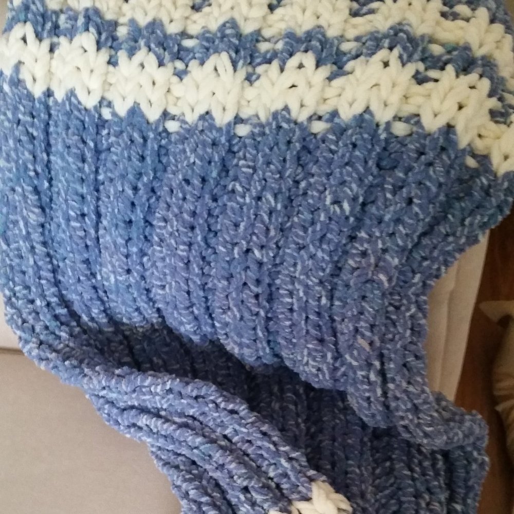 Chunky Chenille blue and white hand knitted throw